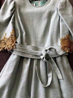WILLIAM PEARSON Original Aqua Linen GOLD Lace Vintage Dress